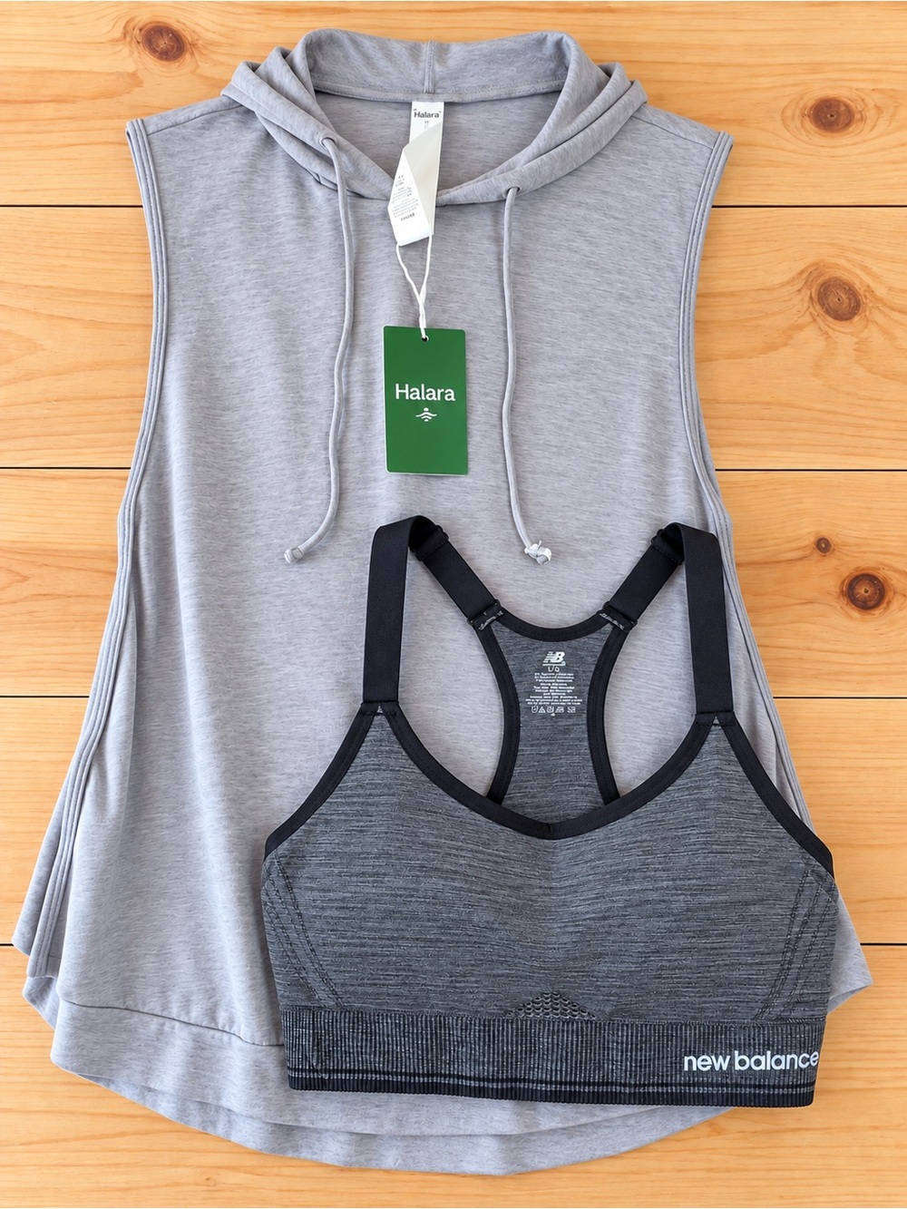 HALARA Light Gray Sleeveless Hoodie sz L long and new balance padded sports bra